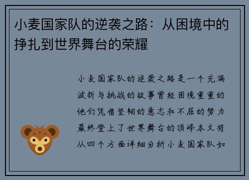 小麦国家队的逆袭之路：从困境中的挣扎到世界舞台的荣耀